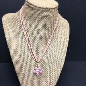 Flower Pendant Necklace As Is Pink Green Leaves Double Cord Sculpey Fimo Clay